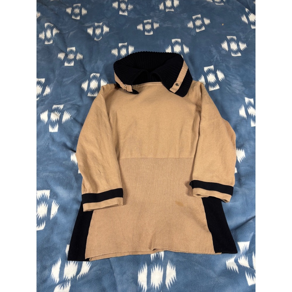 Etcetera Womens Medium Camel Black Colorblock Snap Collar Ribbed Tunic Sweater